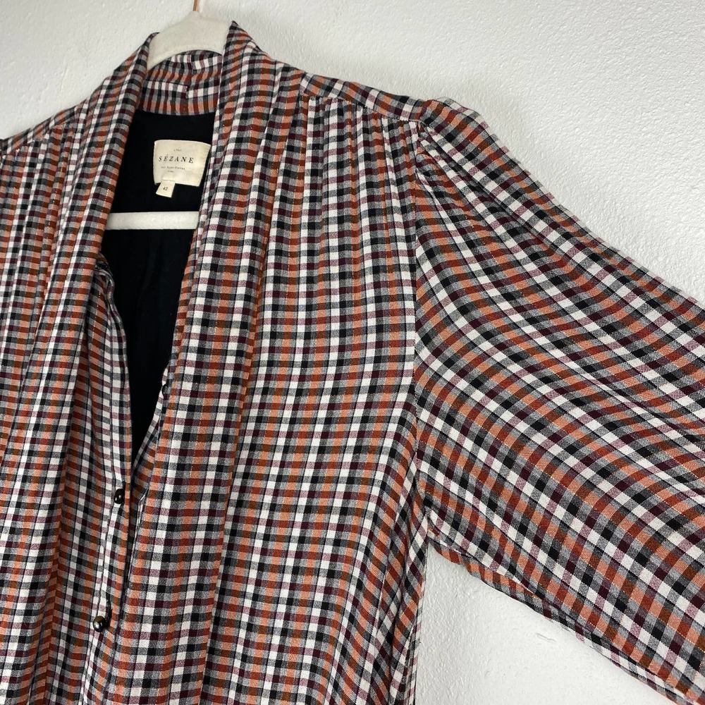 Sezane Selena Dress Lurex Tiles Print Check Tiered Mini Tie Neck Long Sleeve 42 - Picture 5 of 13